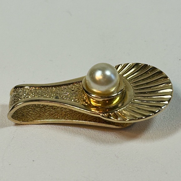 Vintage Gold Tone Faux Pearl Art Deco Design Tie Clip Shell Clam Motif Art Deco - Picture 2 of 5
